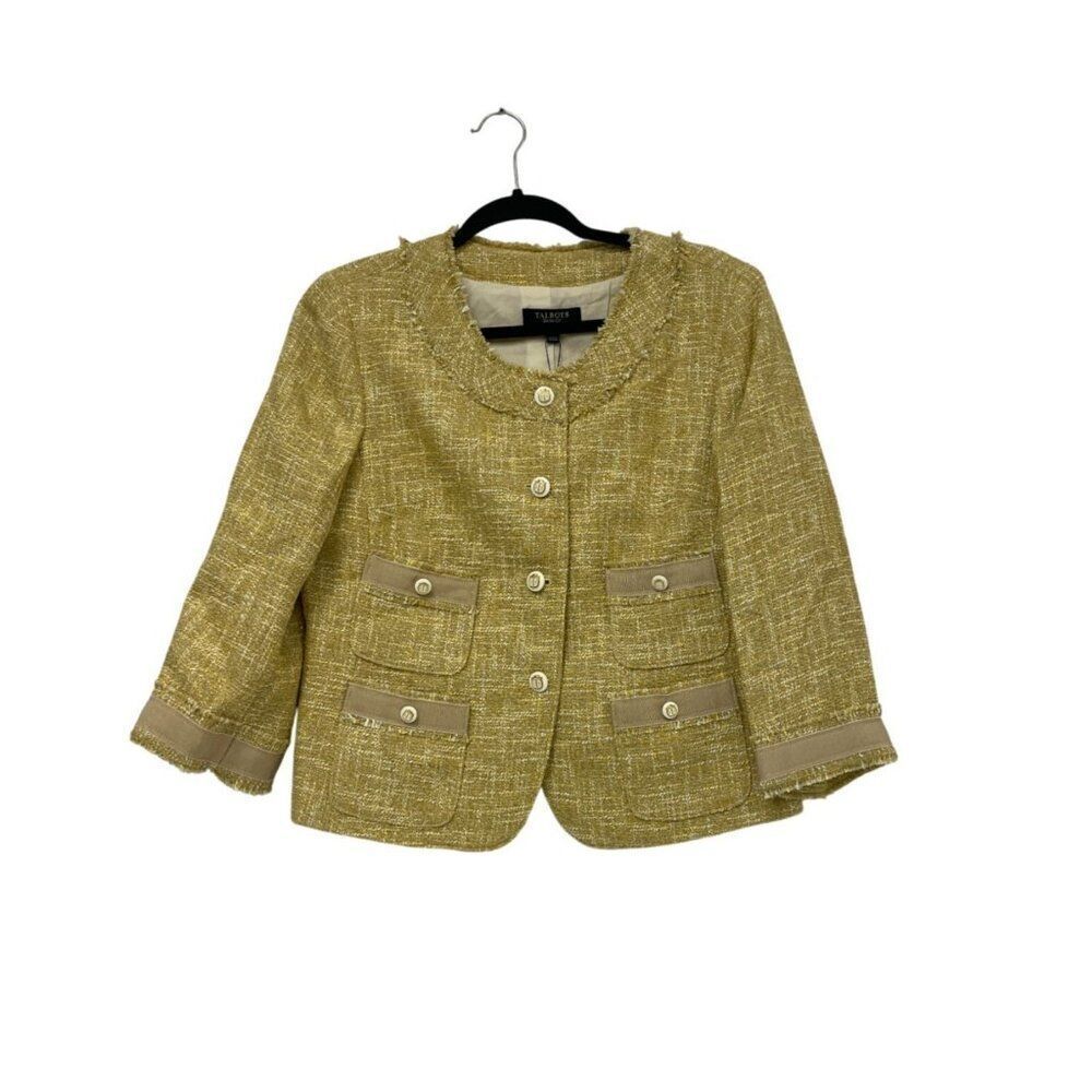 Talbots Womens Blazer Suit Jacket 12P Gold Tweed Plaid Frayed 3/4 Sleeves NWT